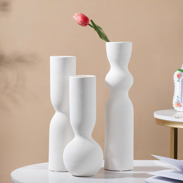 Scandinavian Hourglass Ceramic Vase White - Flower vase for home decor, office and gifting | Home decoration items
