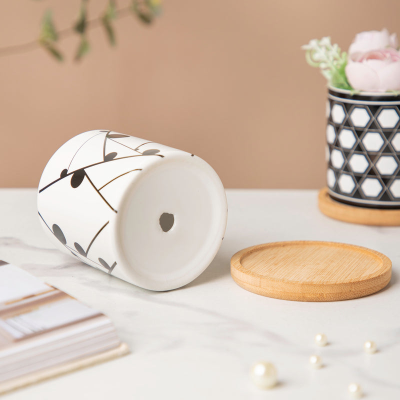 Twyla Starling Black White Planter With Wooden Coaster - Indoor planters and flower pots | Home decor items