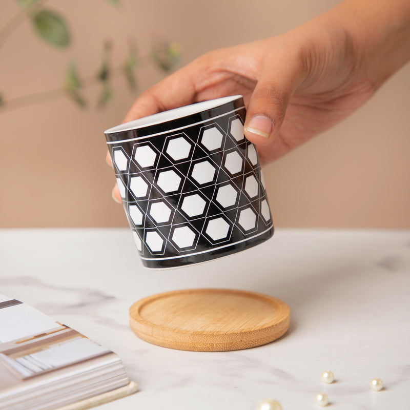 Twyla Hive Black White Planter With Wooden Coaster - Indoor planters and flower pots | Home decor items