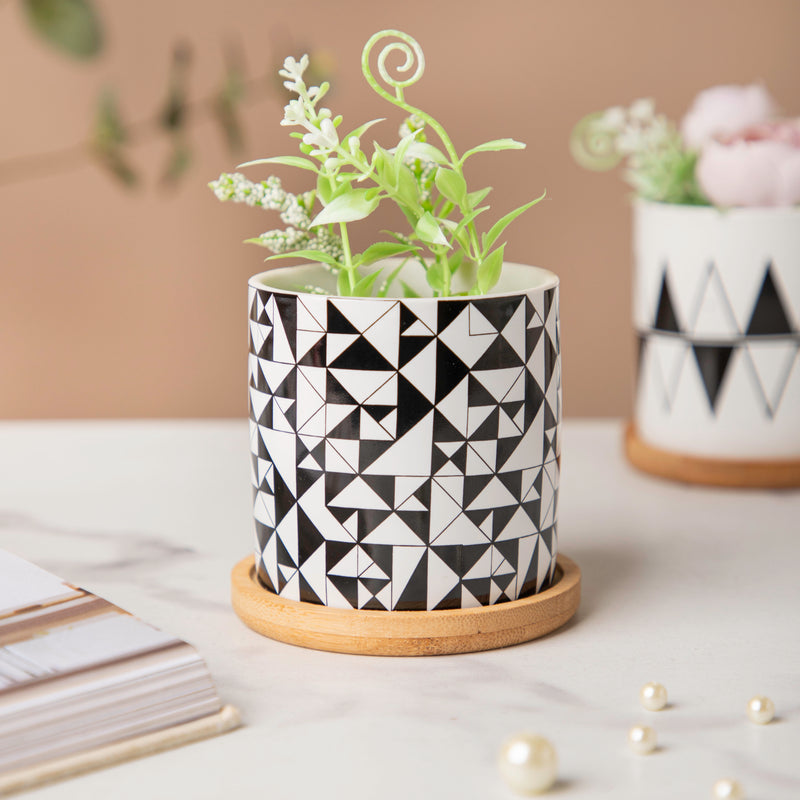 Black & White Medley Ceramic Planter With Coaster Set Of 8- Indoor planter, ceramic planter, planter for home, indoor plant pots