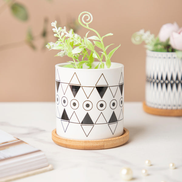 Twyla Enchanting Black White Planter With Wooden Coaster - Indoor planters and flower pots | Home decor items