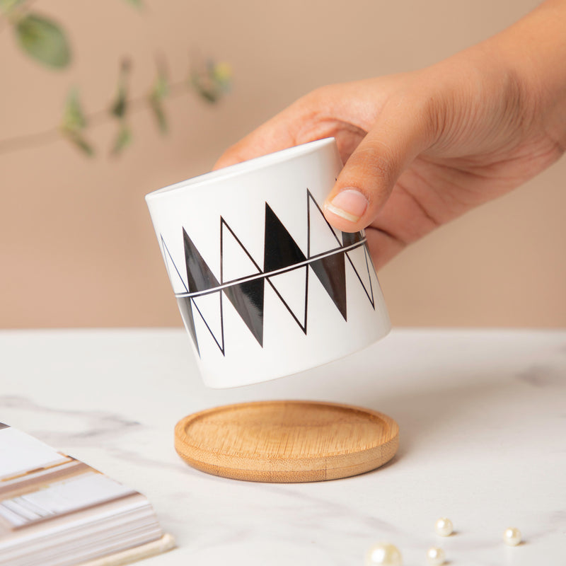 Twyla Triangle Black White Planter With Wooden Coaster - Indoor planters and flower pots | Home decor items