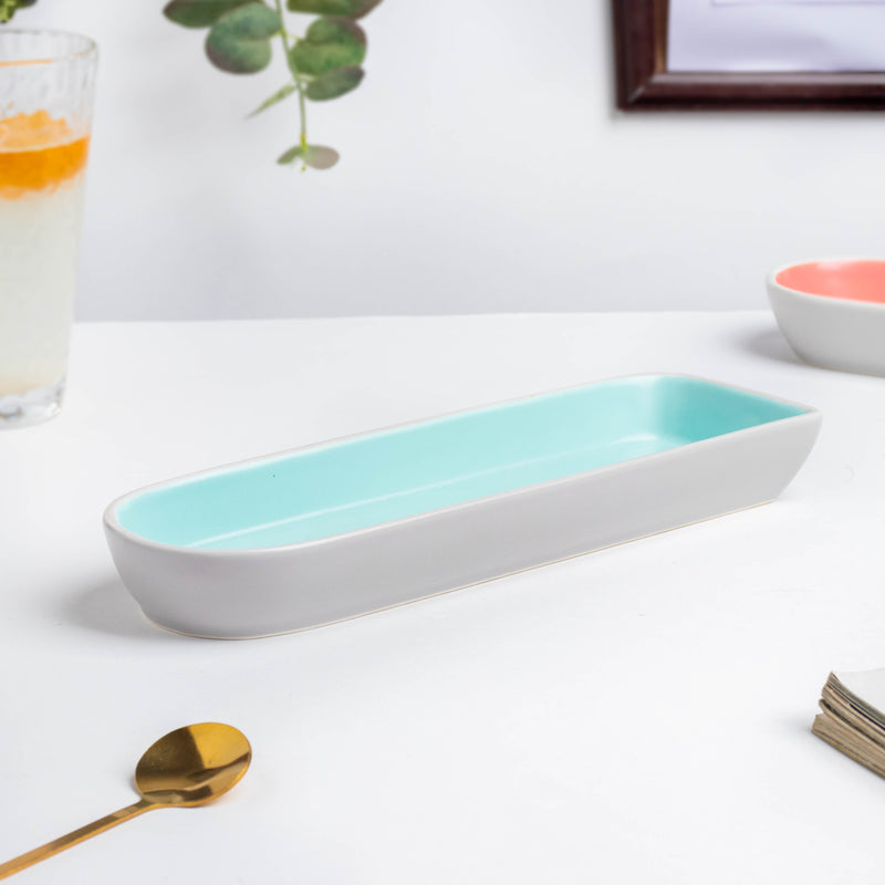 Dew Blue Long Plate 9 Inch - Ceramic platter, serving platter, fruit platter | Plates for dining table & home decor