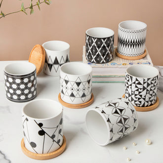 Black & White Medley Ceramic Planter With Coaster Set Of 8- Indoor planter, ceramic planter, planter for home, indoor plant pots