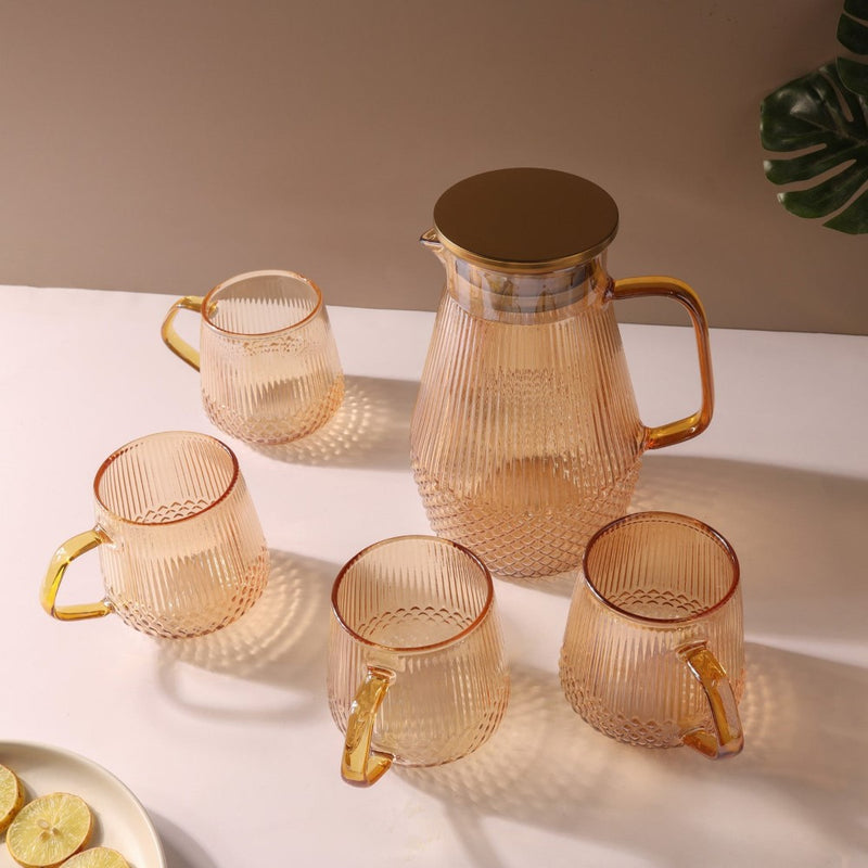 Classic Glass Tea Set of 5- Amber - Tea set, teapot set, teacup set | Tea set for Dining table & Home decor