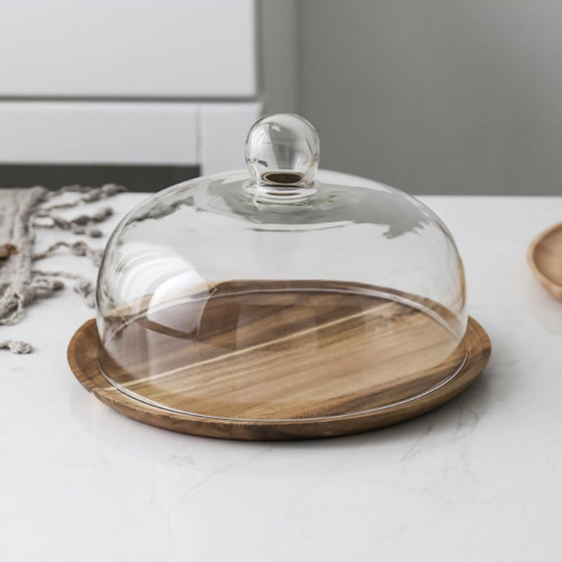 Acacia Wood Cake Stand With Dome 10 inch