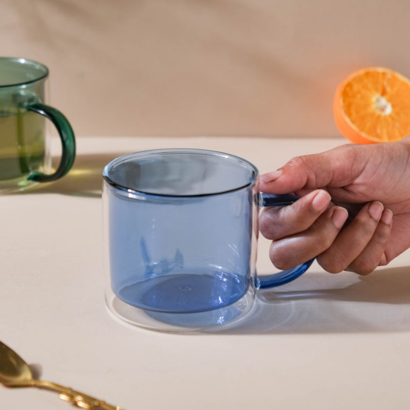 Double Wall Glass Mug Blue- Mug for coffee, tea mug, cappuccino mug | Cups and Mugs for Coffee Table & Home Decor