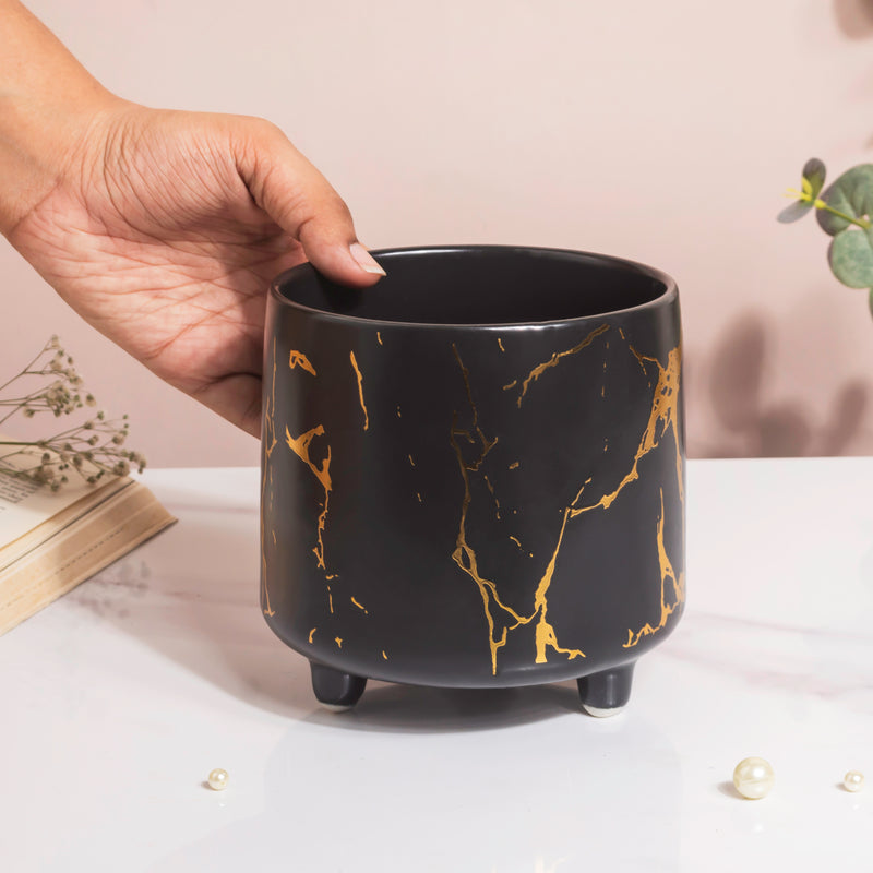 Halcyon Gold Black Marble Ceramic Planter With Legs Large - Indoor planters and flower pots | Home decor items
