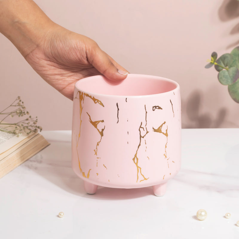 Halcyon Gold Pink Marble Ceramic Planter With Legs Large - Indoor planters and flower pots | Home decor items