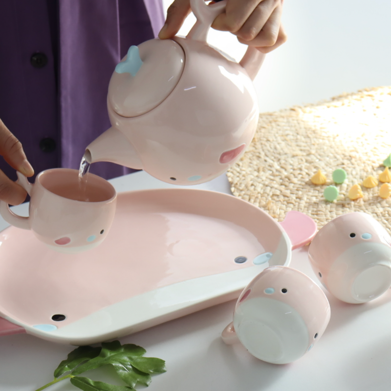 Pink Cute Whale Tea Set - Tea cup set, tea set, teapot set | Tea set for Dining Table & Home Decor
