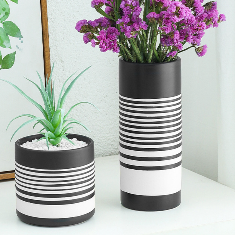 Striped Black and White Vase - Flower vase for home decor, office and gifting | Home decoration items