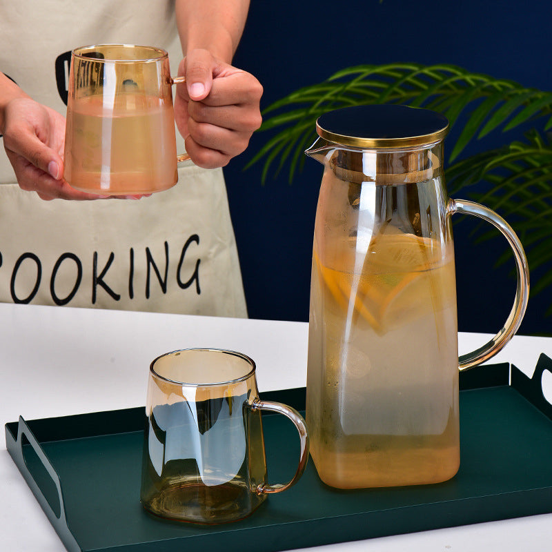 Amber Glass Jug and 4 Cups Set - Tea set, glass jug set, glassware set | Drinkware set for Dining table & Home decor