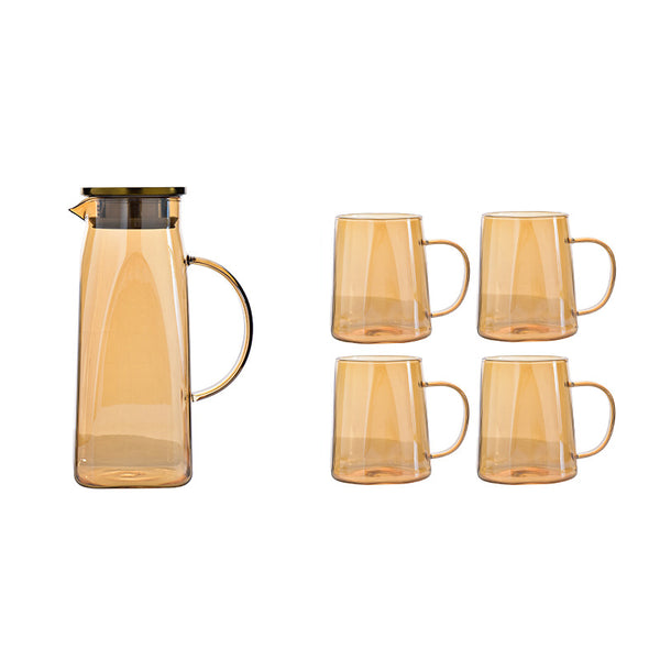Amber Glass Jug and 4 Cups Set - Tea set, glass jug set, glassware set | Drinkware set for Dining table & Home decor