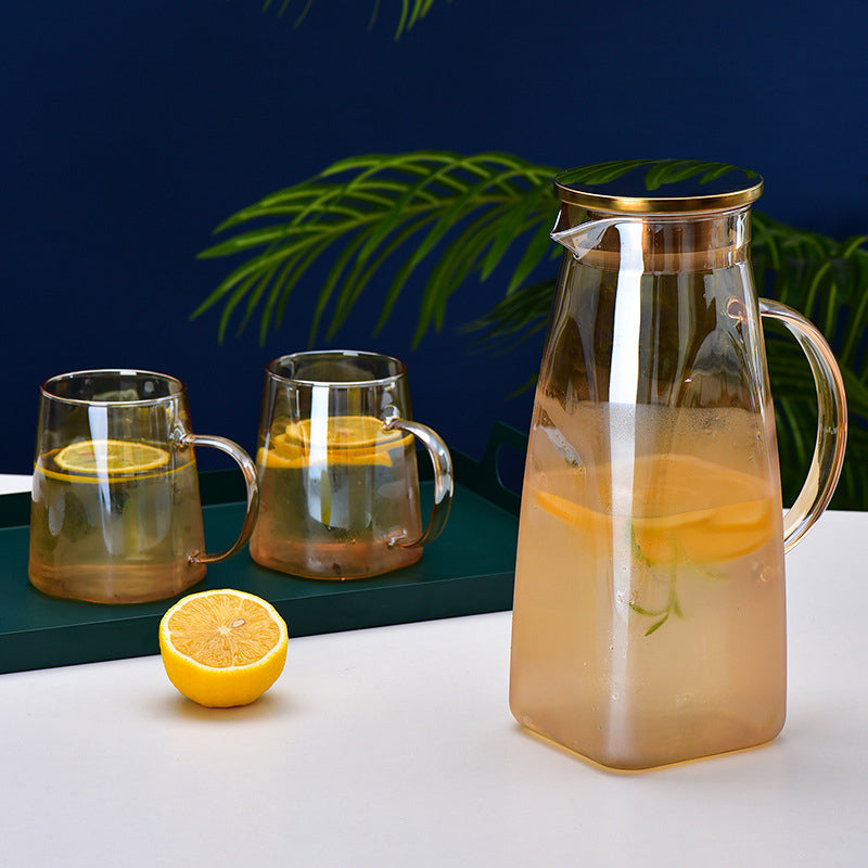 Amber Glass Jug and 4 Cups Set - Tea set, glass jug set, glassware set | Drinkware set for Dining table & Home decor