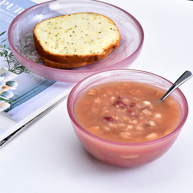Glass Pink Bowl and Plate Set - Bowl, soup bowl, ceramic bowl, snack bowls, curry bowl, popcorn bowls | Bowls for dining table & home decor
