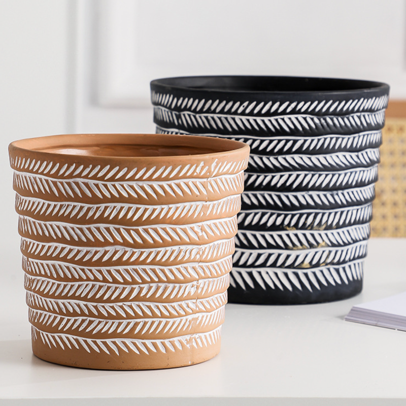 White Abstract Lines Black Pot - Indoor planters and flower pots | Home decor items