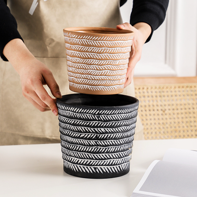 White Abstract Lines Black Pot - Indoor planters and flower pots | Home decor items