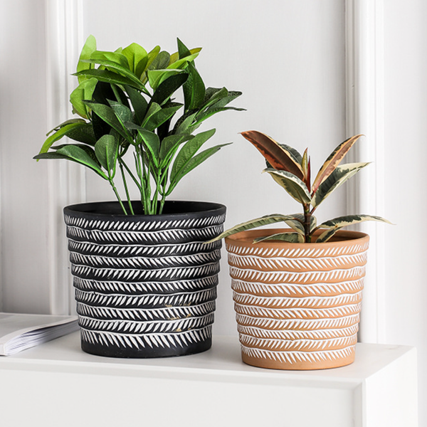 White Abstract Lines Black Pot - Indoor planters and flower pots | Home decor items