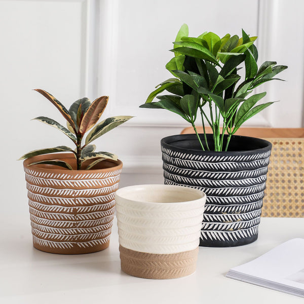 White Abstract Lines Brown Pot - Indoor planters and flower pots | Home decor items