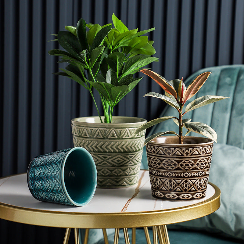 Intricate Texture Sage Green Pot - Plant pot and plant stands | Room decor items