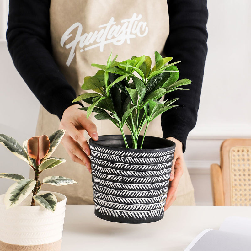 White Abstract Lines Black Pot - Indoor planters and flower pots | Home decor items