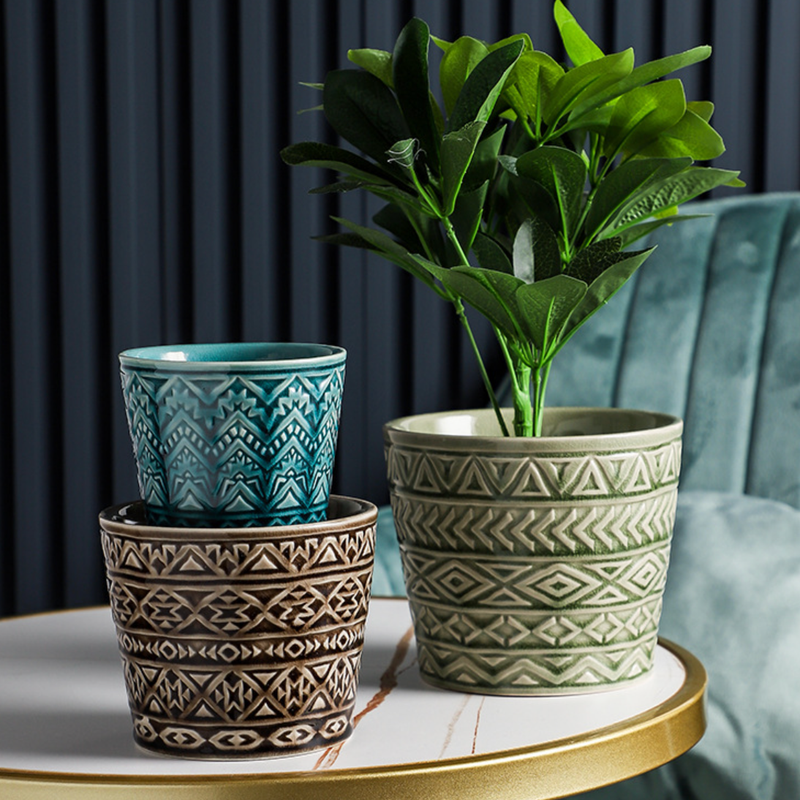 Intricate Texture Sage Green Pot - Plant pot and plant stands | Room decor items