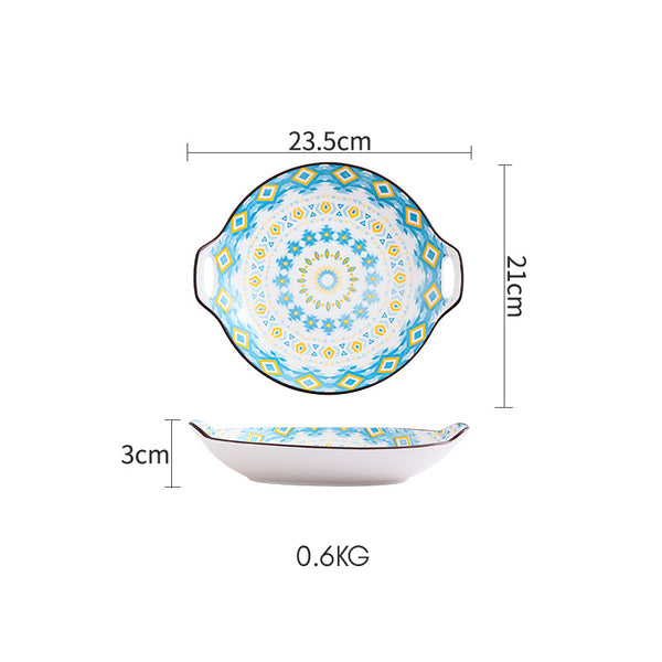 Mandala Blue Ceramic Round Plate With Handle - Ceramic platter, serving platter, fruit platter | Plates for dining table & home decor