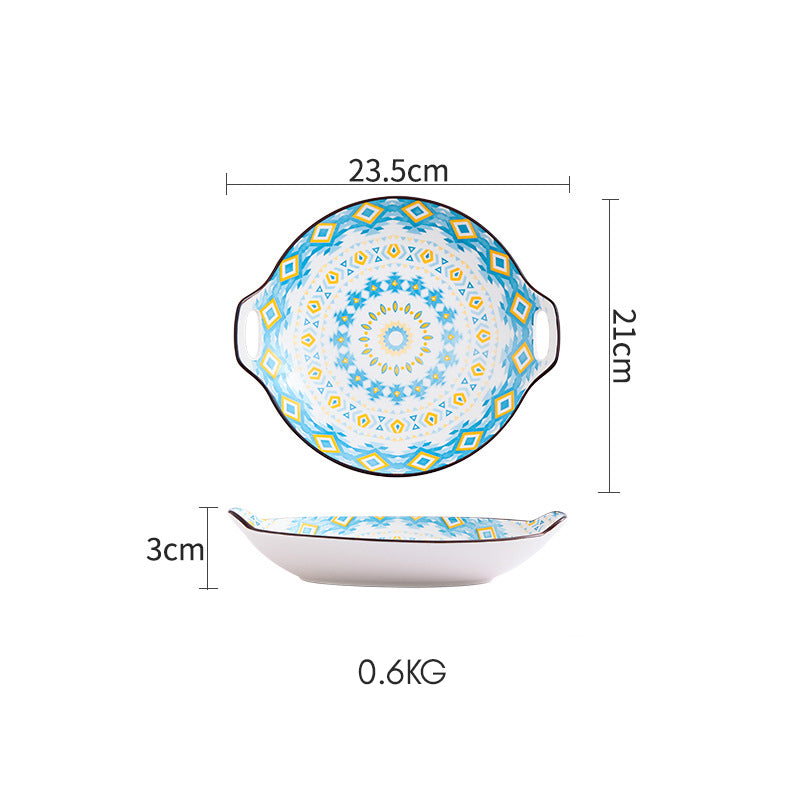Mandala Blue Ceramic Round Plate With Handle - Ceramic platter, serving platter, fruit platter | Plates for dining table & home decor