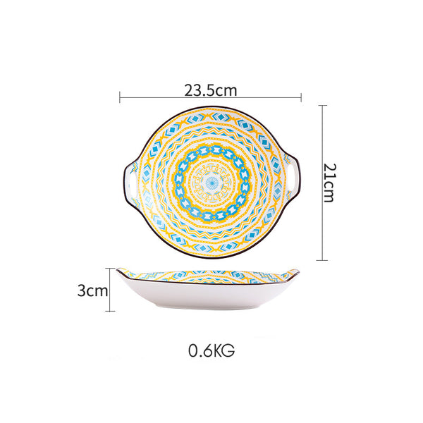 Mandala Yellow Spirals Round Baking Plate With Handle - Ceramic platter, serving platter, fruit platter | Plates for dining table & home decor