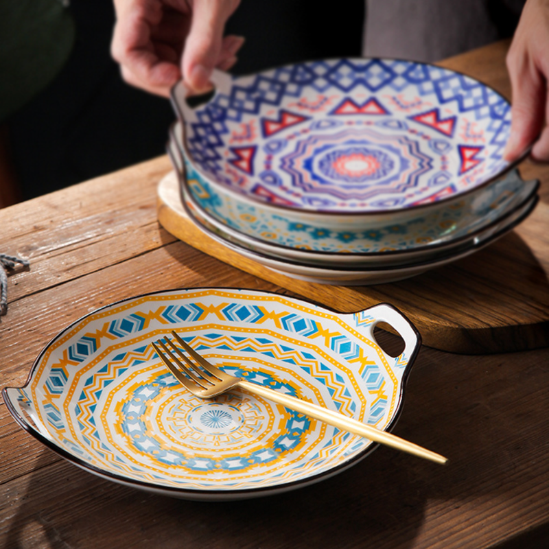 Mandala Yellow Spirals Round Baking Plate With Handle - Ceramic platter, serving platter, fruit platter | Plates for dining table & home decor
