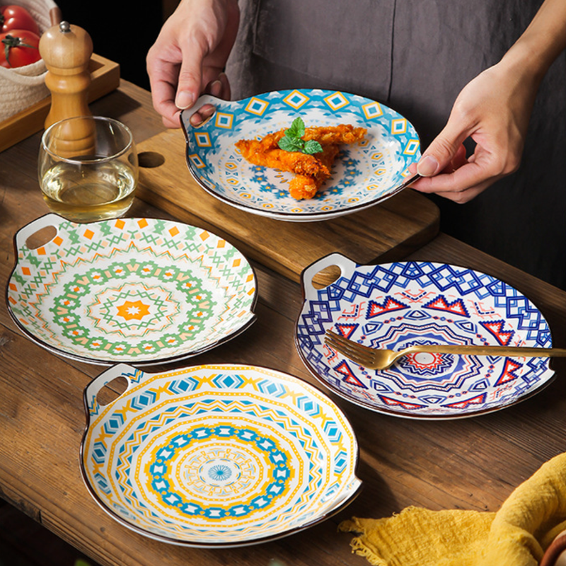 Mandala Blue Ceramic Round Plate With Handle - Ceramic platter, serving platter, fruit platter | Plates for dining table & home decor