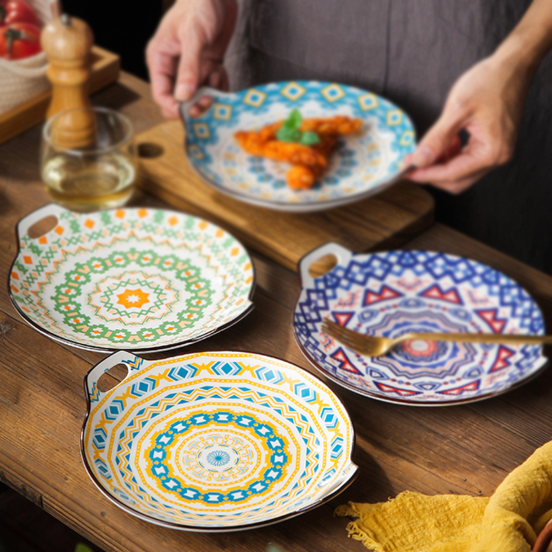 Mandala Yellow Spirals Round Baking Plate With Handle - Ceramic platter, serving platter, fruit platter | Plates for dining table & home decor