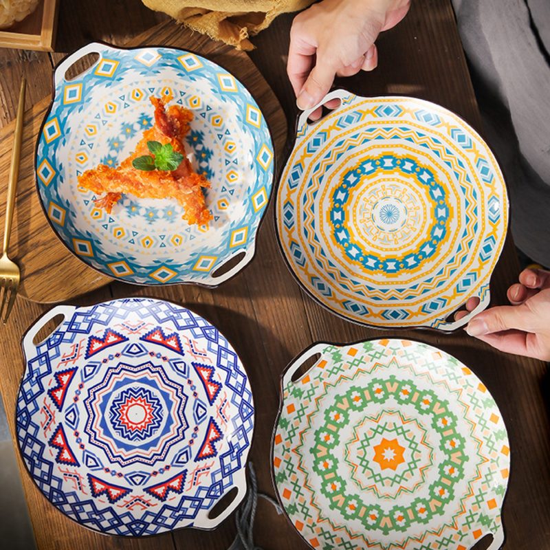 Mandala Yellow Spirals Round Baking Plate With Handle - Ceramic platter, serving platter, fruit platter | Plates for dining table & home decor