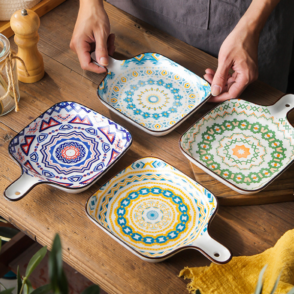 Mandala Blue Square Snack Plate With Handle - Ceramic platter, serving platter, fruit platter | Plates for dining table & home decor