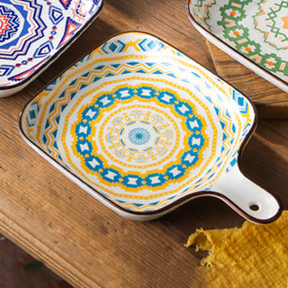 Mandala Yellow Spiral Square Ceramic Plate With Handle