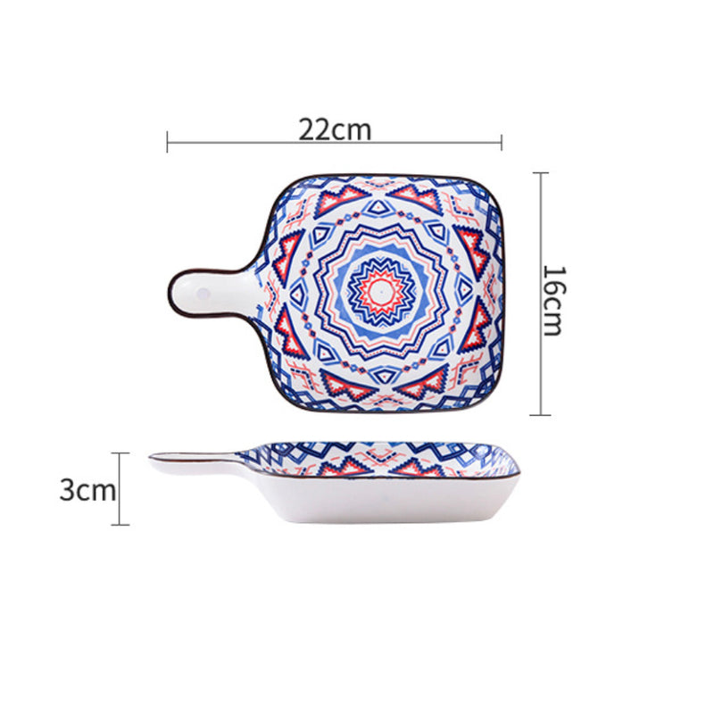 Mandala Blue Square Snack Plate With Handle - Ceramic platter, serving platter, fruit platter | Plates for dining table & home decor