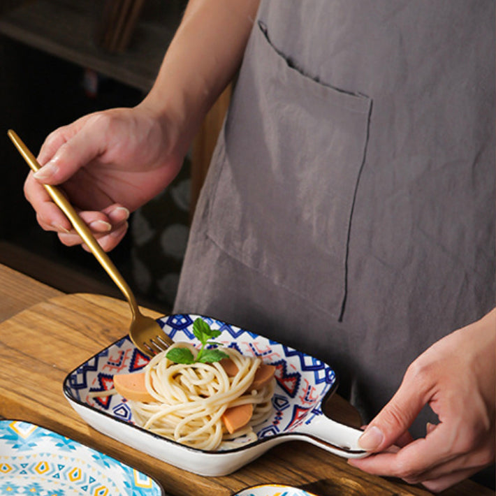 Mandala Blue Square Snack Plate With Handle - Ceramic platter, serving platter, fruit platter | Plates for dining table & home decor