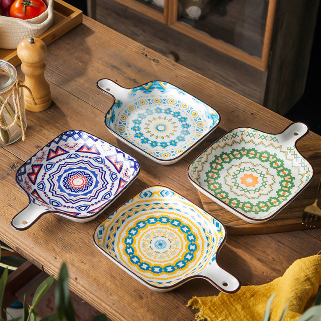 Mandala Yellow Spiral Square Ceramic Plate With Handle