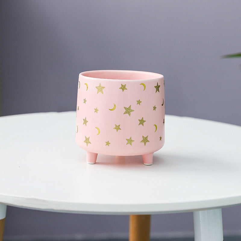Stars and Moons Pink Ceramic Planter Large - Indoor planters and flower pots | Home decor items