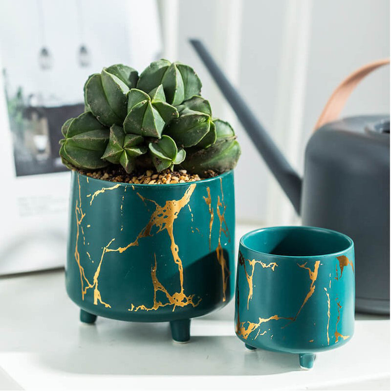 Halcyon Gold Green Marble Ceramic Planter With Legs Small - Indoor planters and flower pots | Home decor items