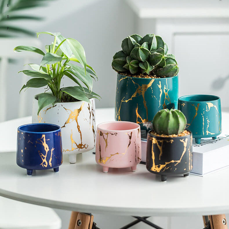 Halcyon Gold Green Marble Ceramic Planter With Legs Small - Indoor planters and flower pots | Home decor items