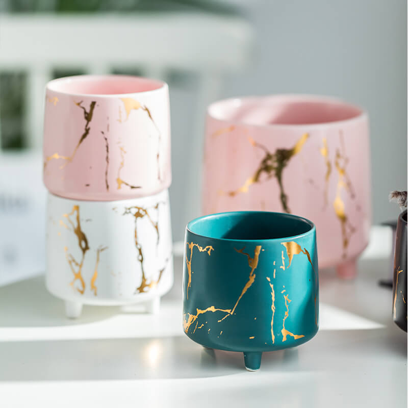 Halcyon Gold Pink Marble Ceramic Planter With Legs Large - Indoor planters and flower pots | Home decor items