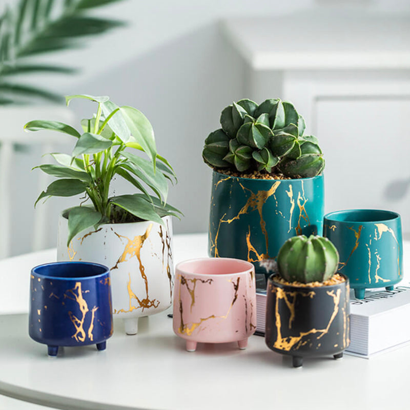 Halcyon Gold Black Marble Ceramic Planter With Legs Small - Indoor planters and flower pots | Home decor items