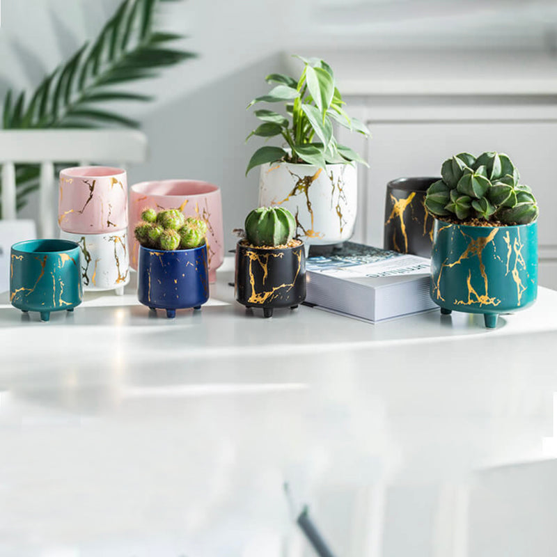 Halcyon Gold Black Marble Ceramic Planter With Legs Small - Indoor planters and flower pots | Home decor items