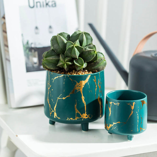 Halcyon Gold Green Marble Ceramic Planter With Legs Large - Indoor planters and flower pots | Home decor items