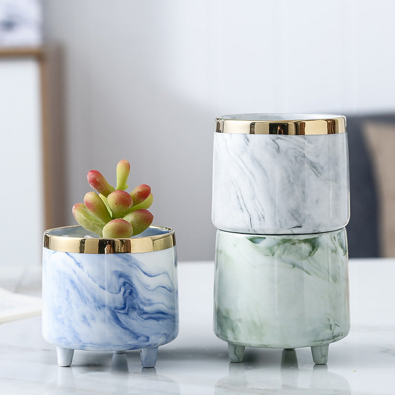 Luxe Ceramic Marble Planter Blue With Legs - Plant pot and plant stands | Room decor items