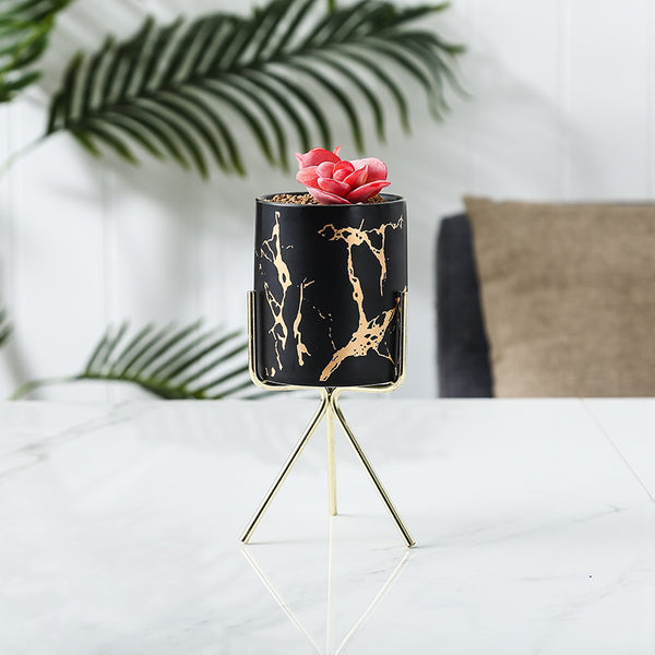 Auric Marble Black Planter with Stand Large - Indoor planters and flower pots | Home decor items