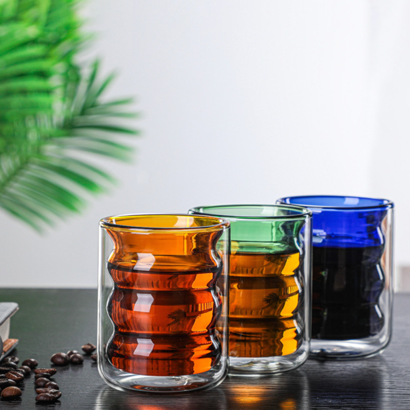 Transparent Double Walled Glass Ripple Tumbler Blue