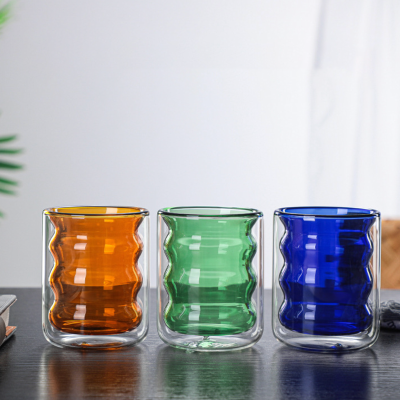 Transparent Double Walled Glass Ripple Tumbler Blue