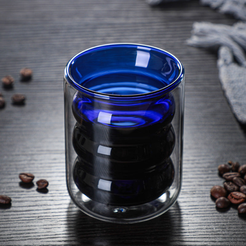 Transparent Double Walled Glass Ripple Tumbler Blue